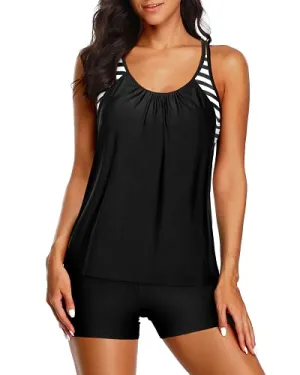 Layered Tankini Top Boy Shorts Casual Tankini Set-Black