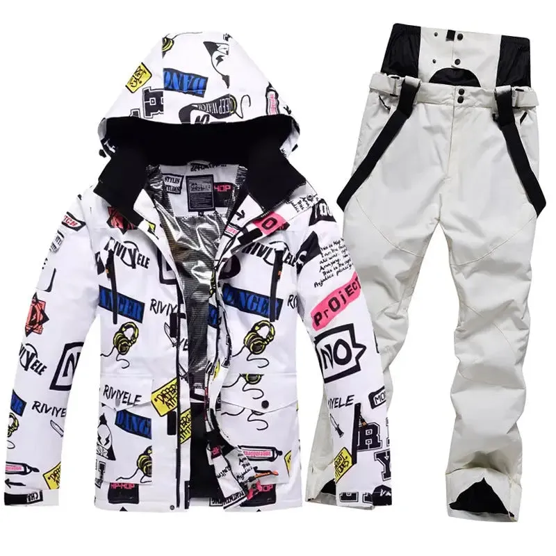 Men Graffiti Graphic Ski Jacket & Pants Set