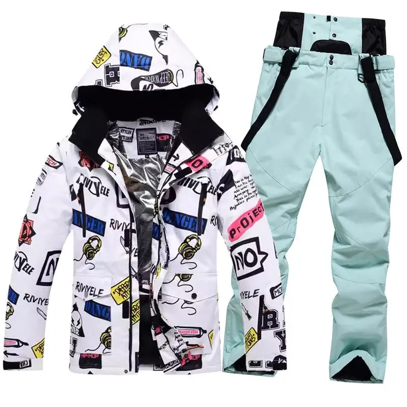 Men Graffiti Graphic Ski Jacket & Pants Set