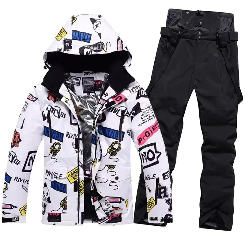 Men Graffiti Graphic Ski Jacket & Pants Set