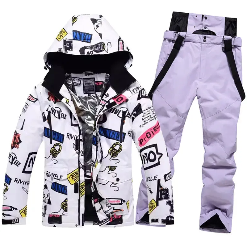 Men Graffiti Graphic Ski Jacket & Pants Set