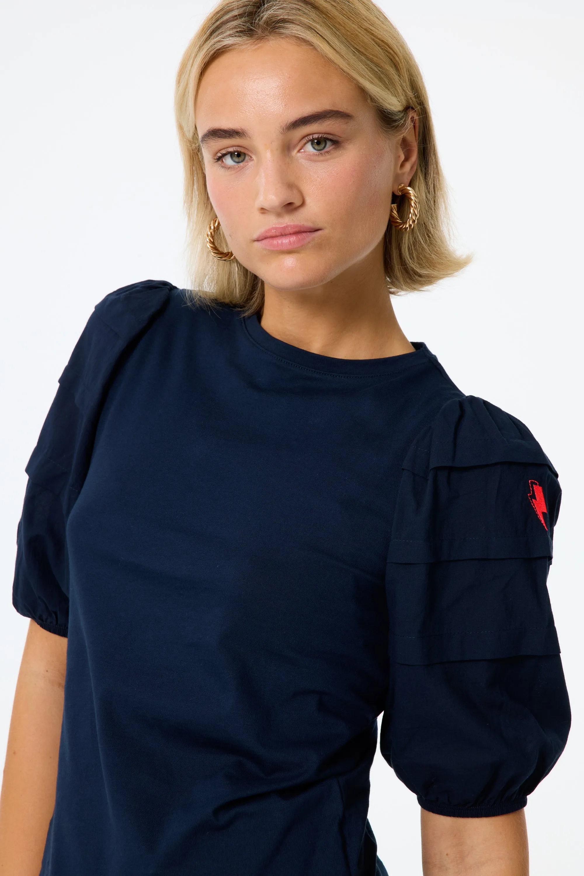 Navy Pintuck Sleeve T-Shirt