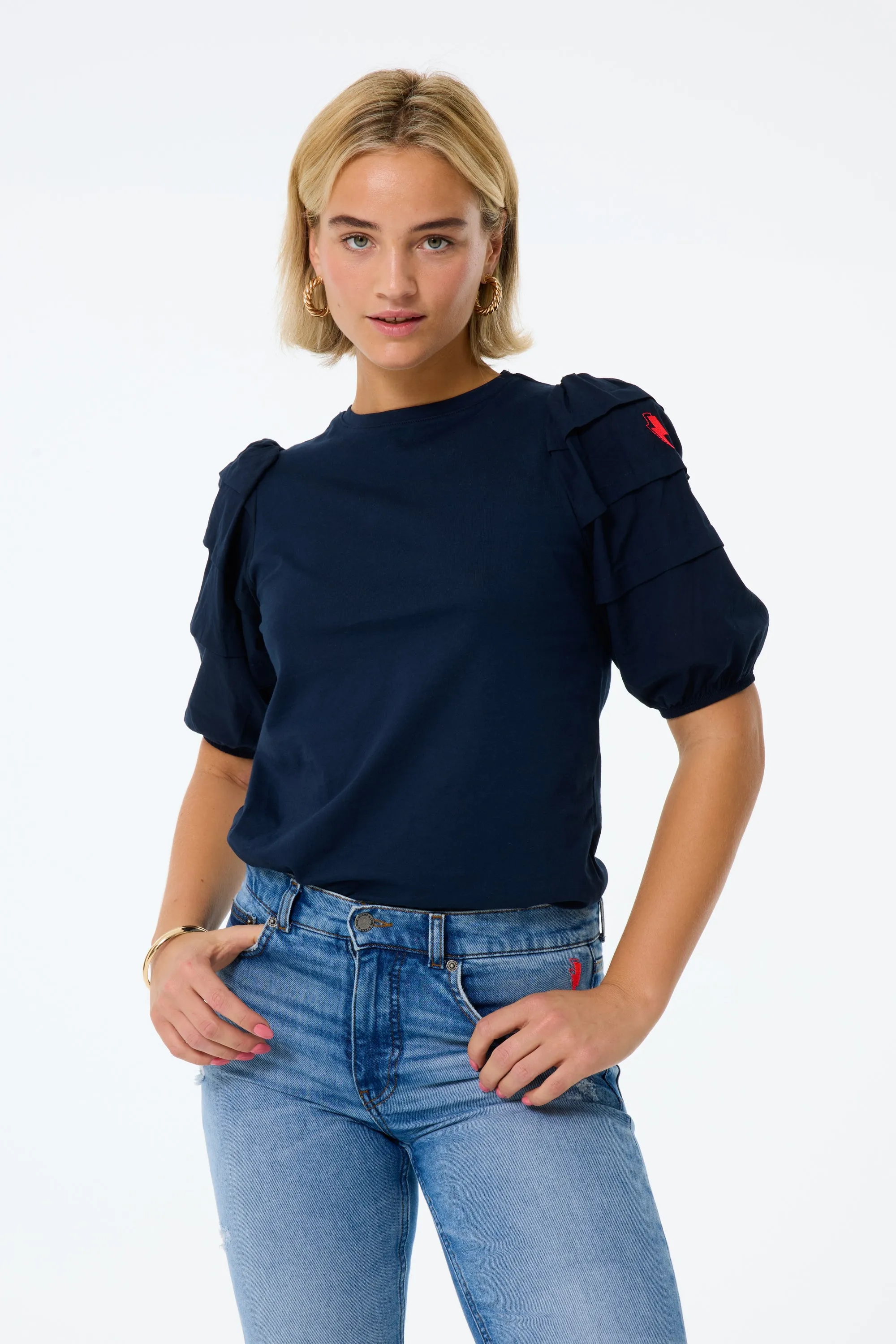 Navy Pintuck Sleeve T-Shirt