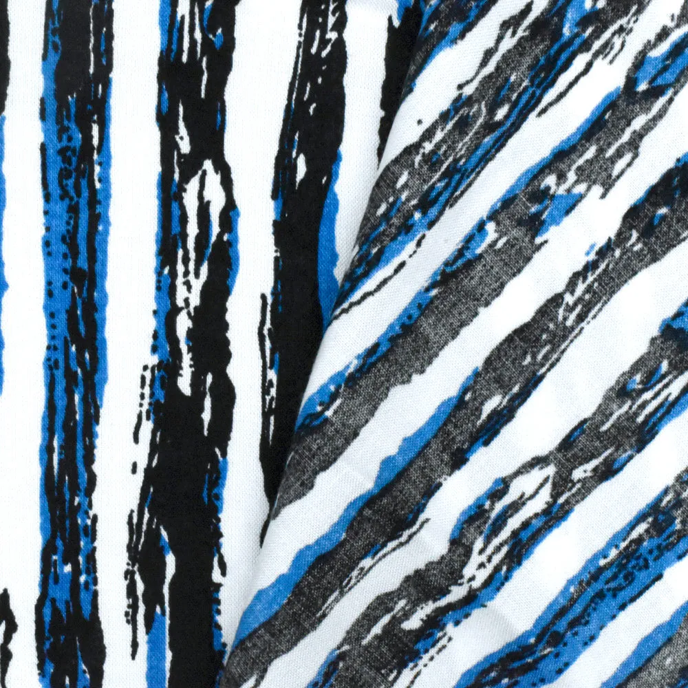 Night Blue-White-Blue Painting Stripe Printed Rayon Challis Woven Fabric