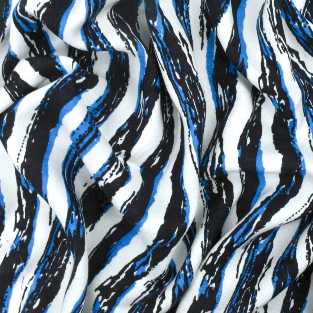 Night Blue-White-Blue Painting Stripe Printed Rayon Challis Woven Fabric