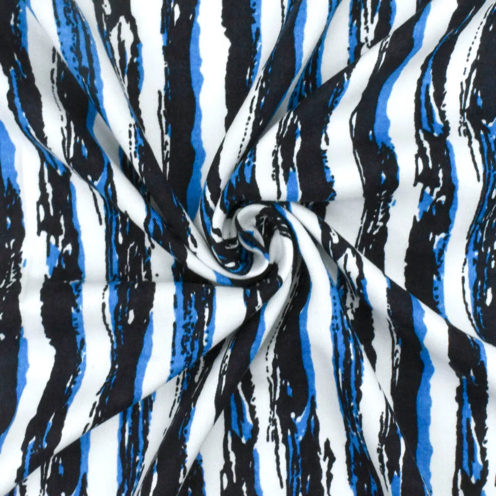 Night Blue-White-Blue Painting Stripe Printed Rayon Challis Woven Fabric