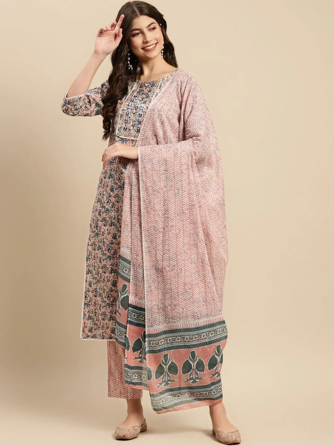 Peach & Blue Floral-Printed Pure-Cotton Kurta Set with Trousers & Dupatta