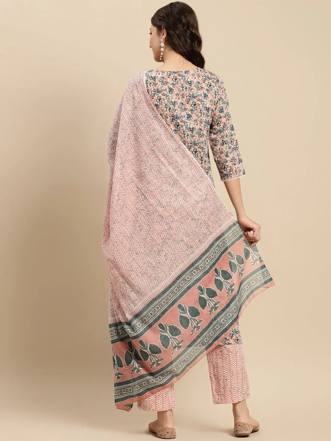 Peach & Blue Floral-Printed Pure-Cotton Kurta Set with Trousers & Dupatta