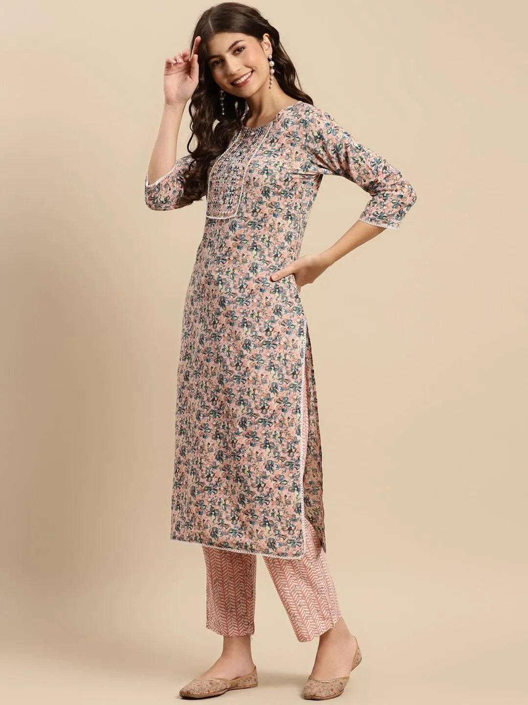 Peach & Blue Floral-Printed Pure-Cotton Kurta Set with Trousers & Dupatta