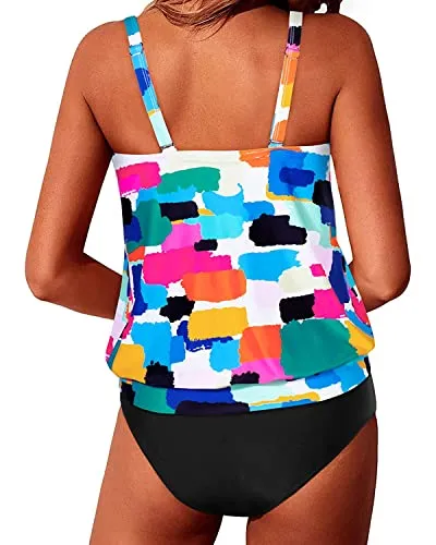 Push Up Bra Blouson Tankini Swimsuits For Women 2 Piece-Aqua