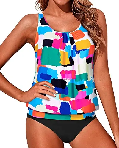 Push Up Bra Blouson Tankini Swimsuits For Women 2 Piece-Aqua