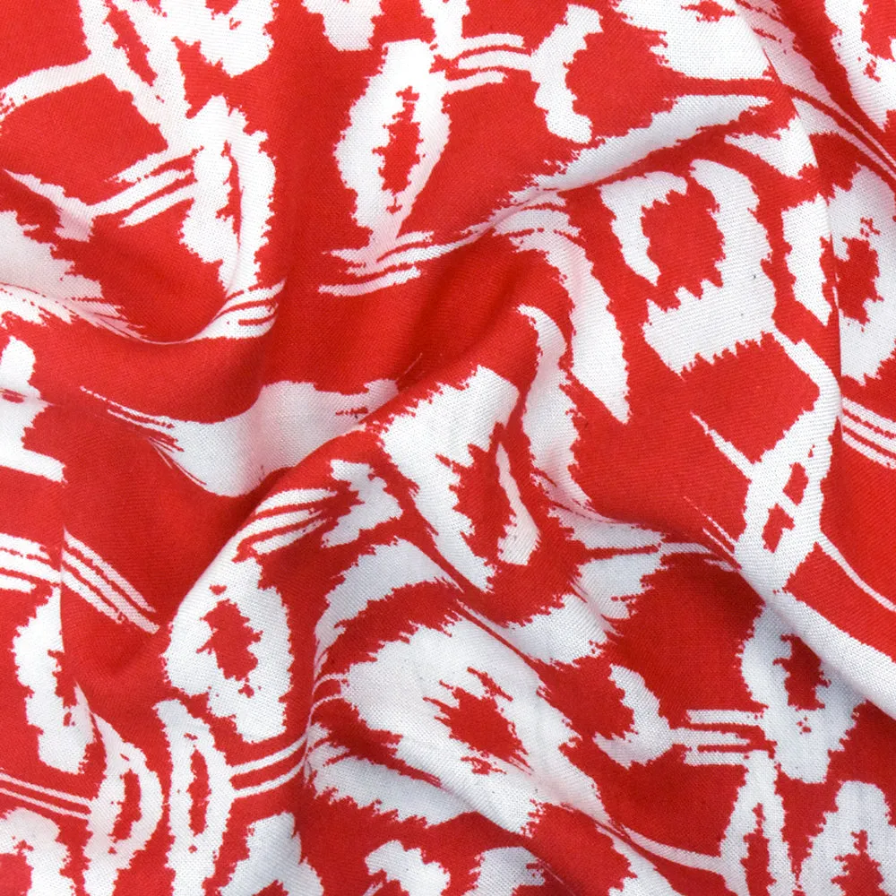 Red-Whisper Beige Ikat Tribal Printed Challis Fabric