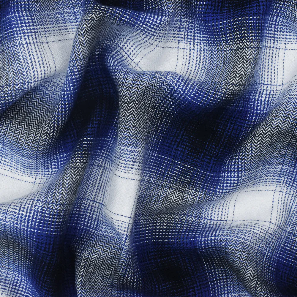 Screen Blue-Black-White Abstract Plaid Cotton Rayon Twill Woven Fabric