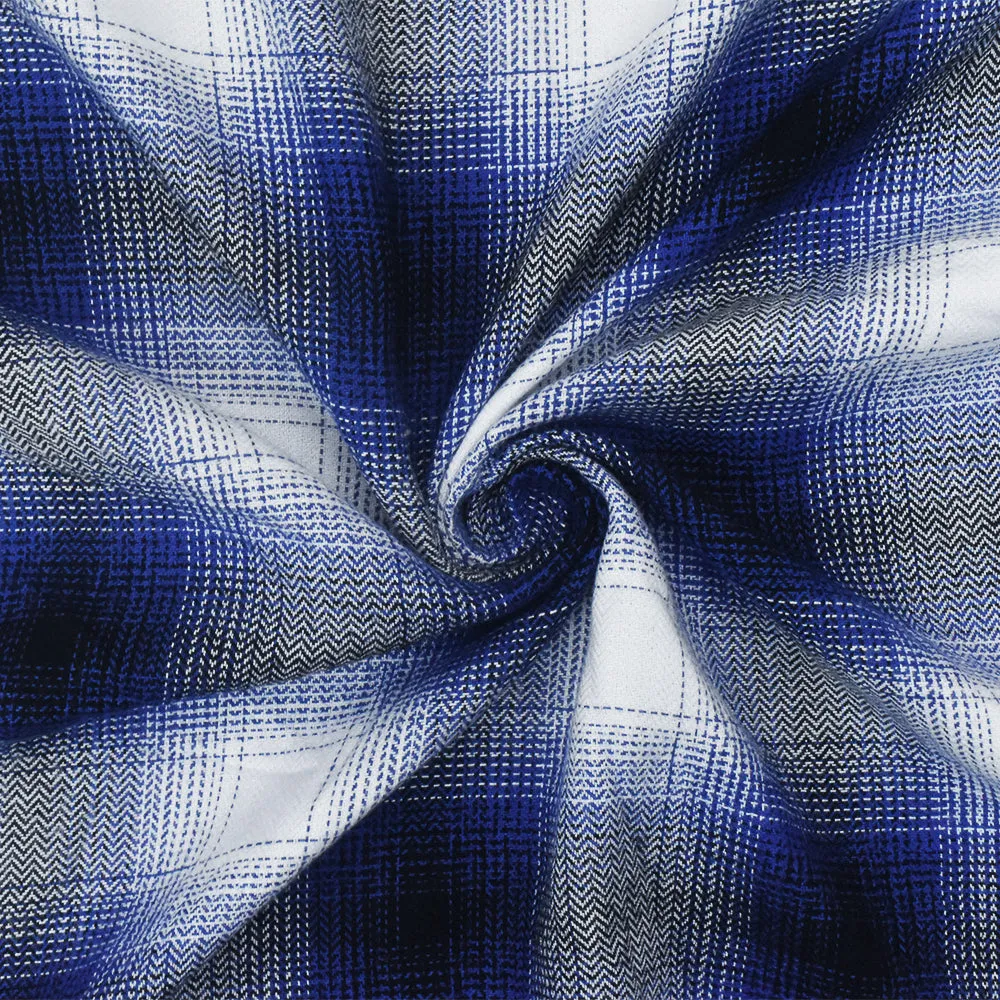 Screen Blue-Black-White Abstract Plaid Cotton Rayon Twill Woven Fabric