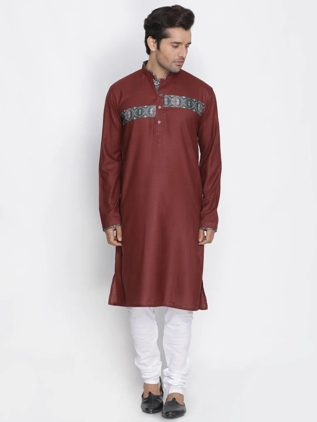 Vastramay Men's Maroon Color Cotton Blend Kurta