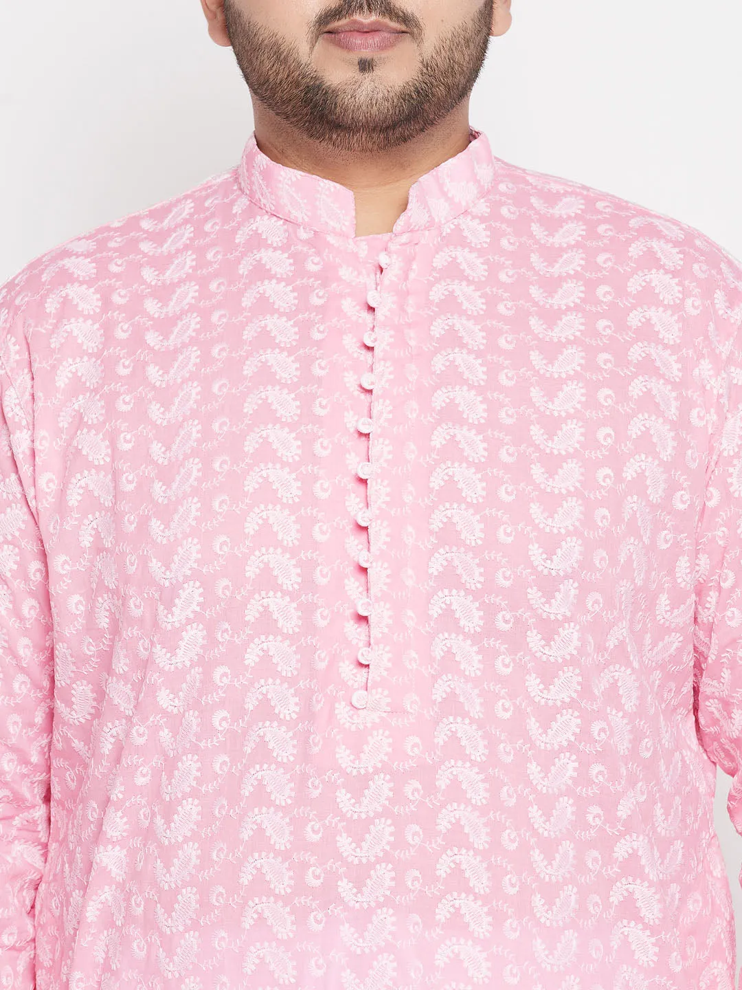 VASTRAMAY Pink Chikankari Embroidered Men's Kurta