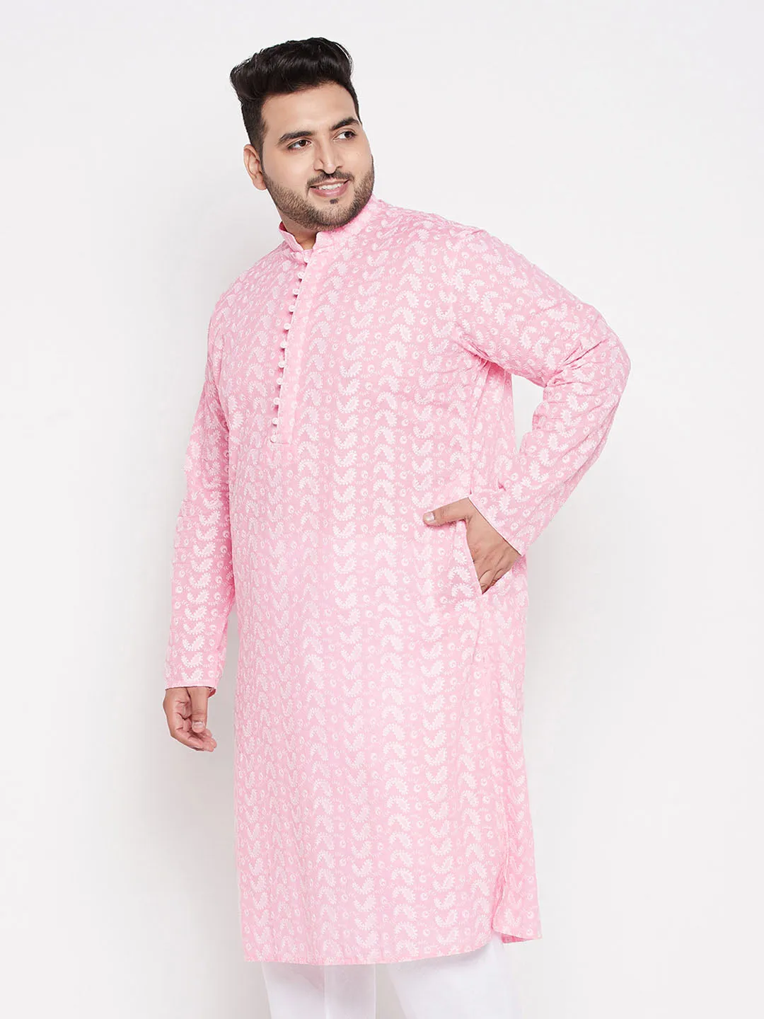 VASTRAMAY Pink Chikankari Embroidered Men's Kurta