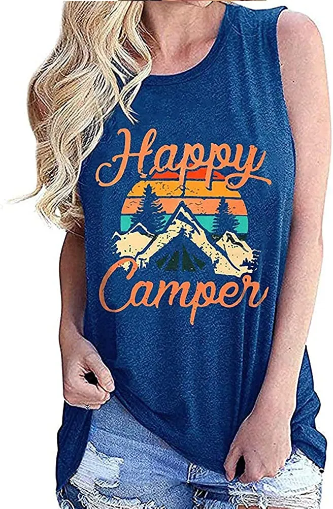 Women Happy Camper Tank Top Camping Tshirt