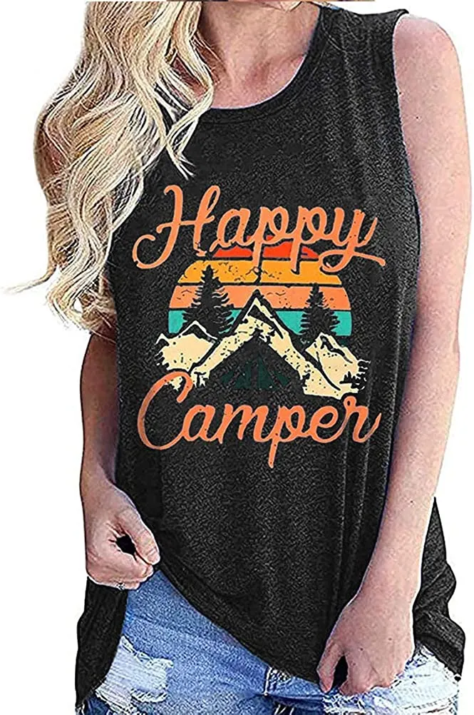 Women Happy Camper Tank Top Camping Tshirt