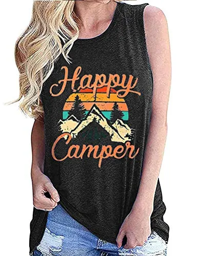 Women Happy Camper Tank Top Camping Tshirt