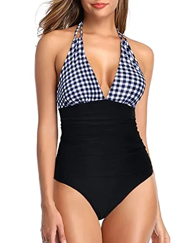 Women One Piece Swimsuit Tummy Control Sexy Plunge V Neck Bathing Suit-Black And White Checkered