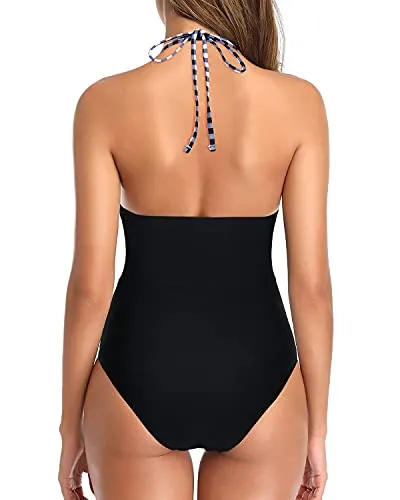 Women One Piece Swimsuit Tummy Control Sexy Plunge V Neck Bathing Suit-Black And White Checkered