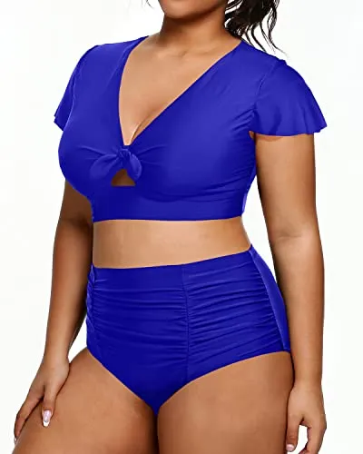 Womens Tummy Control Bathing Suits Short Sleeve Swimwear-Royal Blue